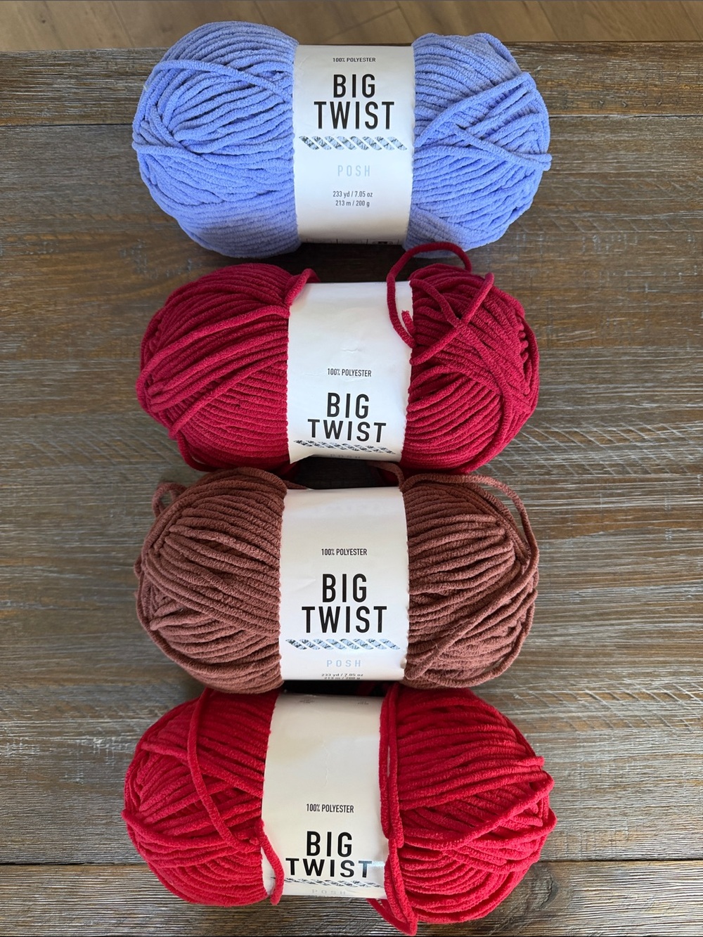 Big Twist Posh Yarn Bundle Set of 4- 1 Purple, 1 Brown, 2 Red 7.05 oz each